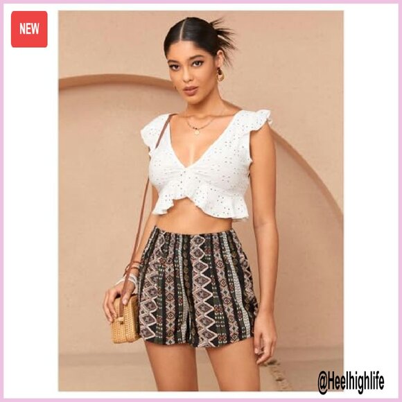 Women's Elastic Waist Tribal Print Beach Shorts Summer Casual - Picture 5 of 7